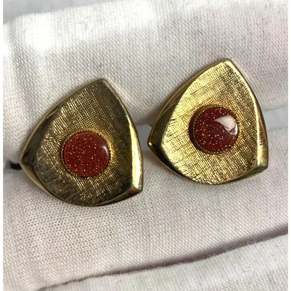 Vintage MCM Gold Tone Triangle Cufflinks Goldstone Sparkly Orange Stone